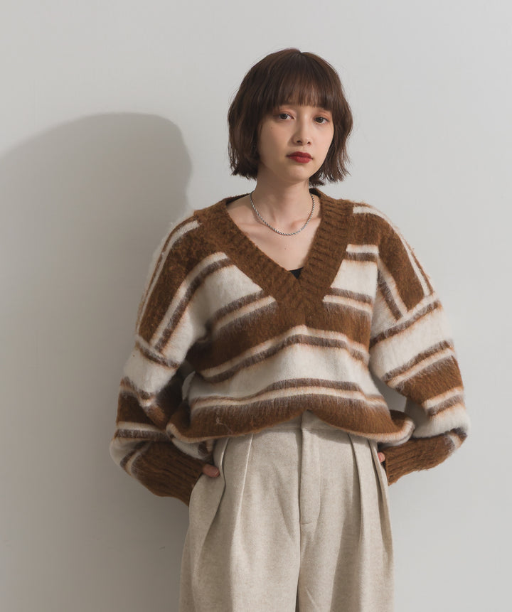 シャギーボーダーVネックニットプルオーバー