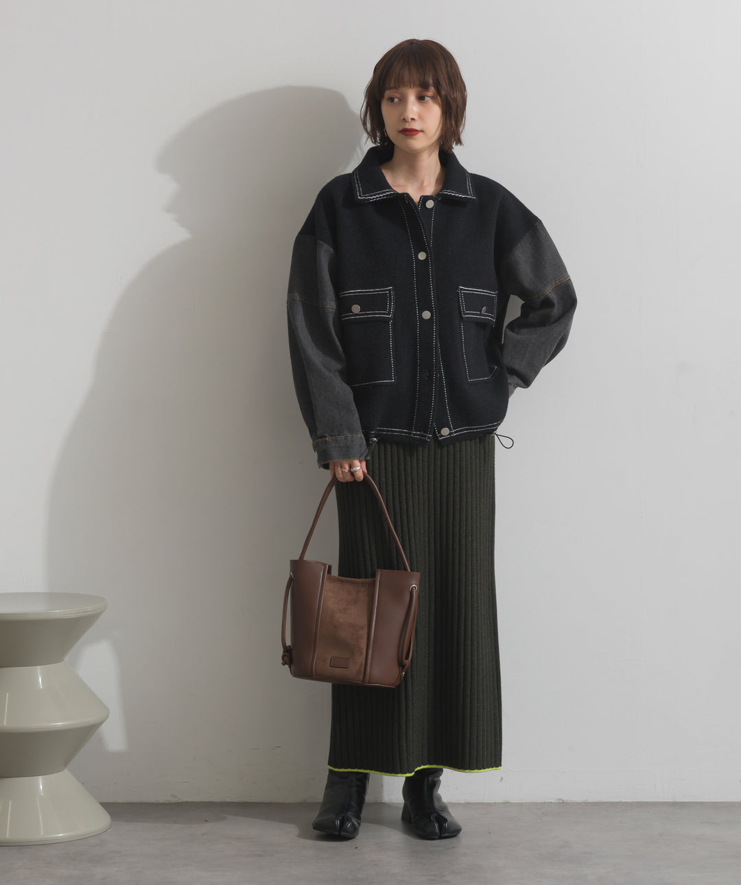 配色ステッチニットジャケットカーディガン