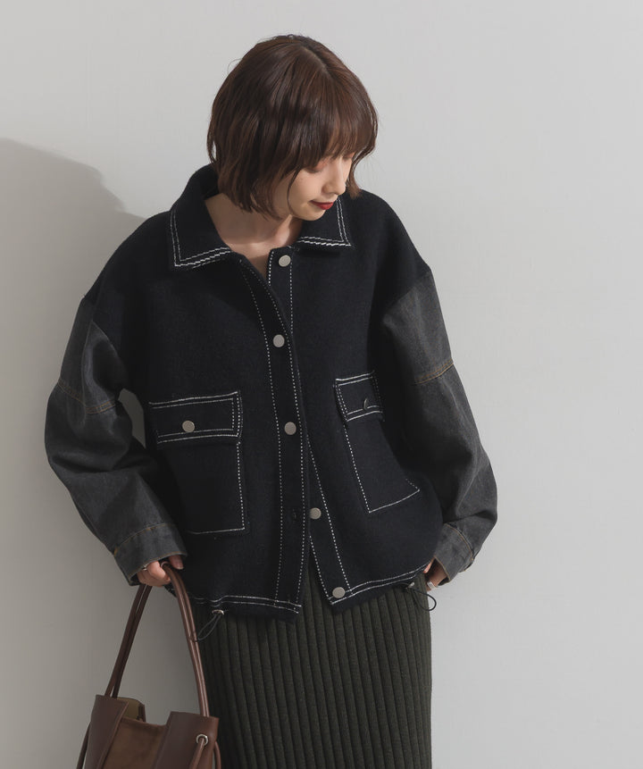 配色ステッチニットジャケットカーディガン