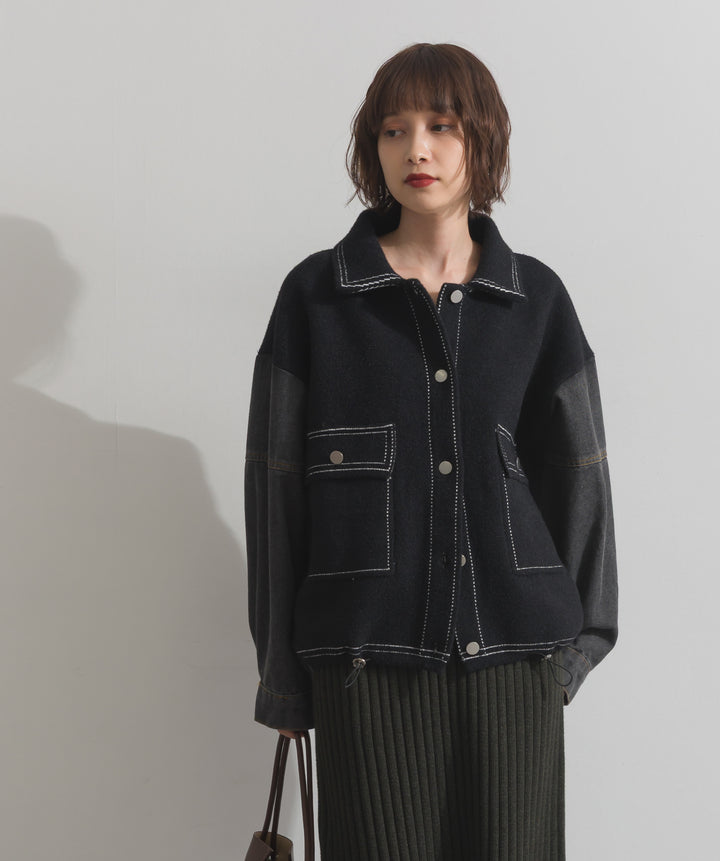 配色ステッチニットジャケットカーディガン