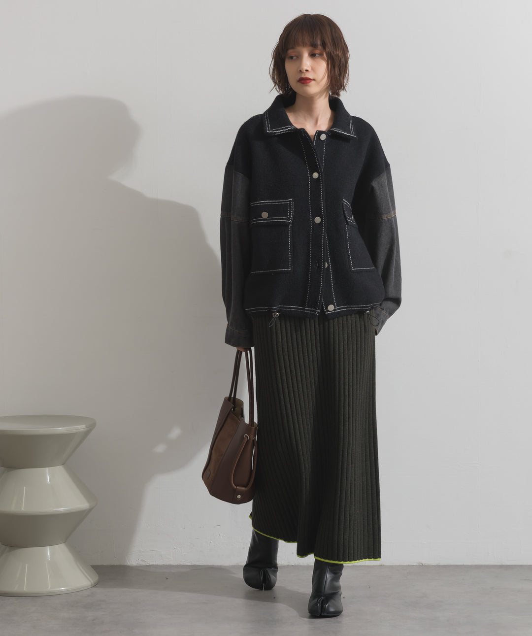 カラーヘムワイドリブニットタイトスカート