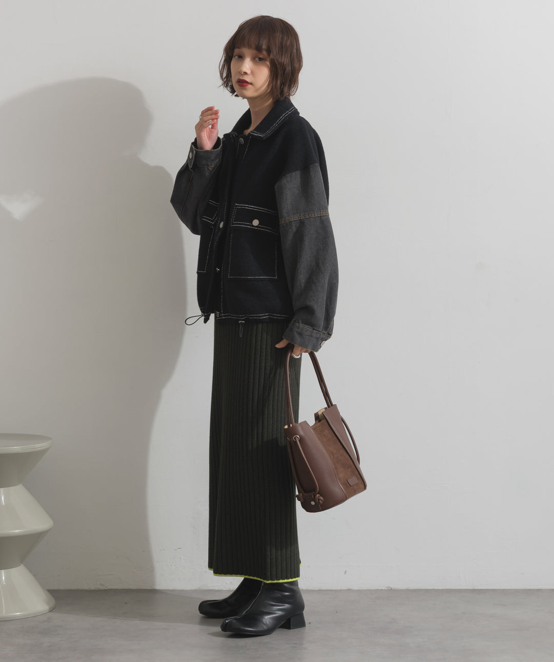 カラーヘムワイドリブニットタイトスカート