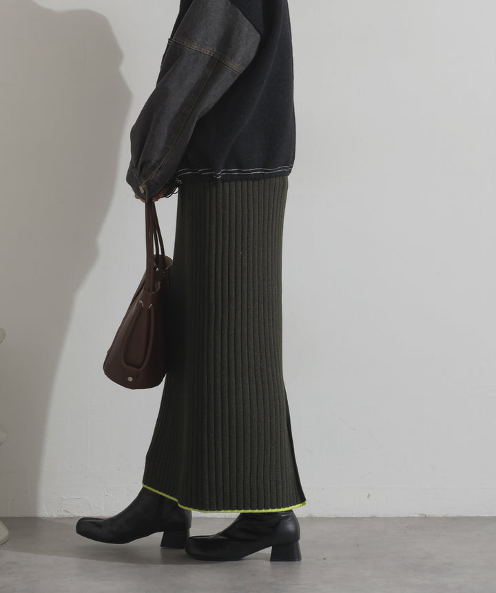 カラーヘムワイドリブニットタイトスカート