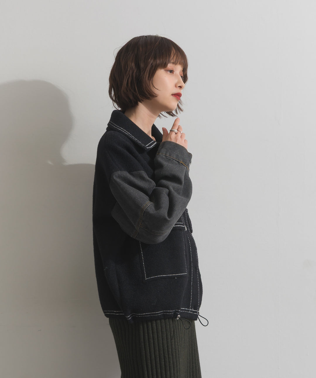 配色ステッチニットジャケットカーディガン