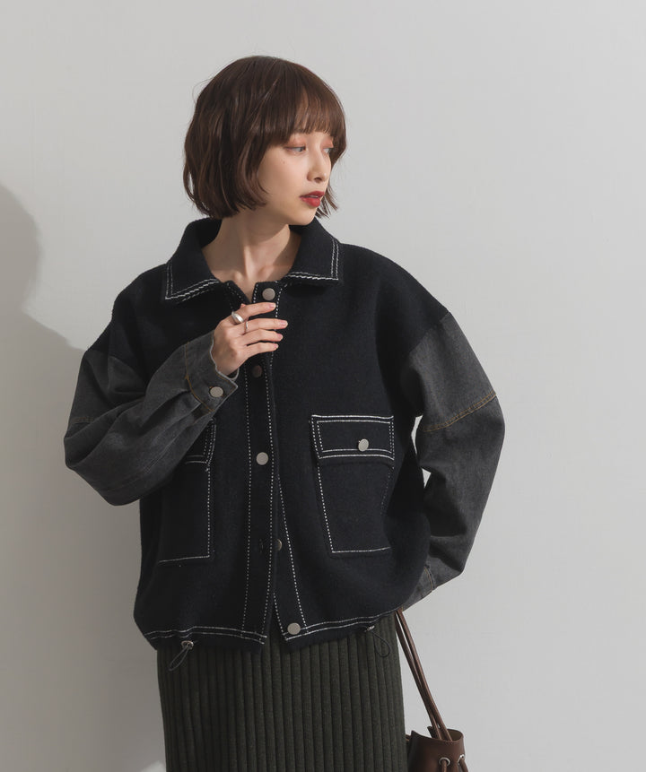 配色ステッチニットジャケットカーディガン