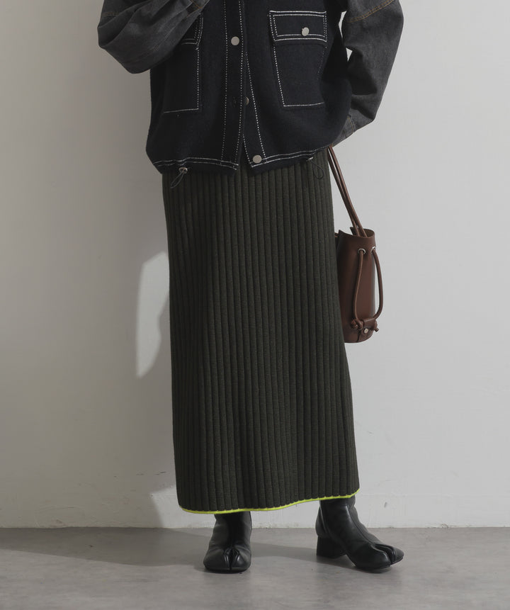 カラーヘムワイドリブニットタイトスカート