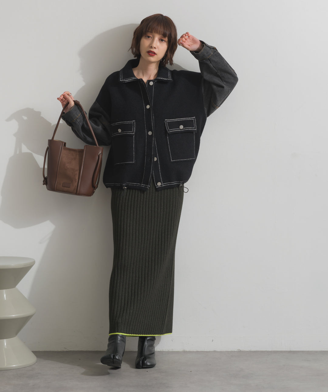 配色ステッチニットジャケットカーディガン