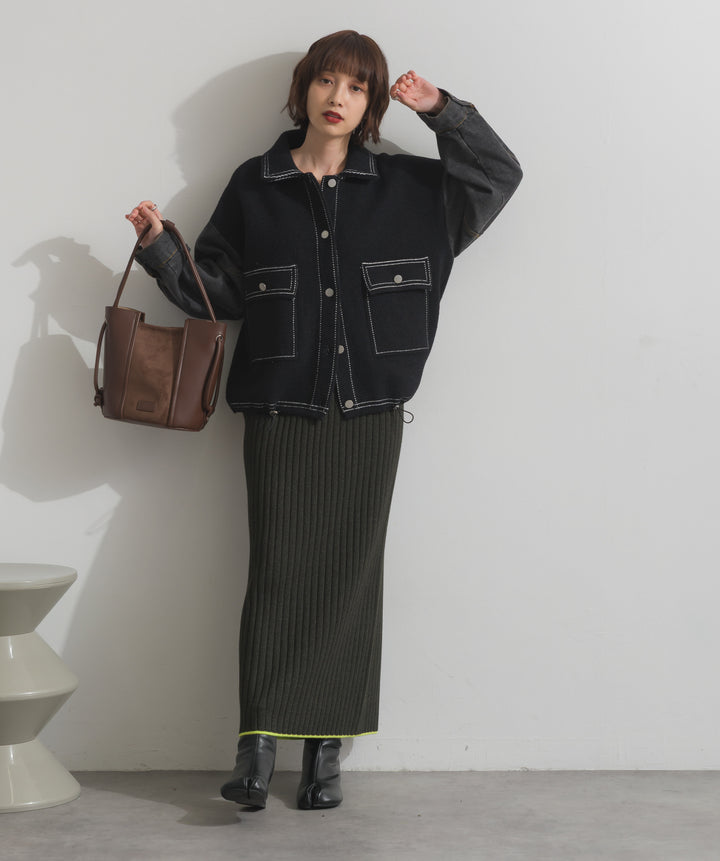 配色ステッチニットジャケットカーディガン