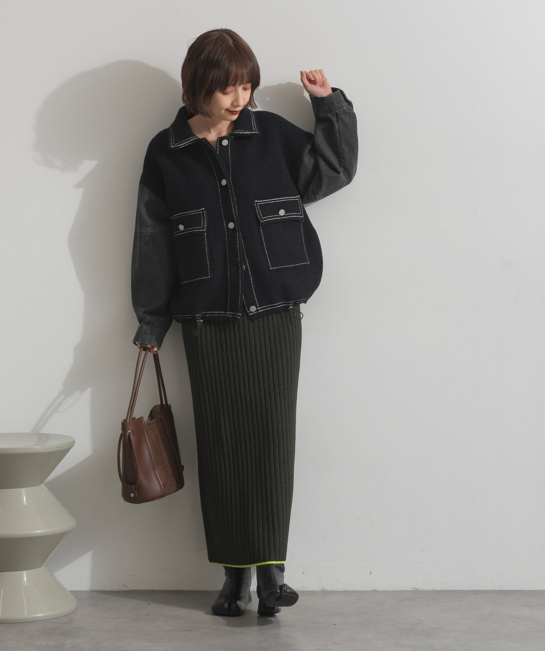 配色ステッチニットジャケットカーディガン