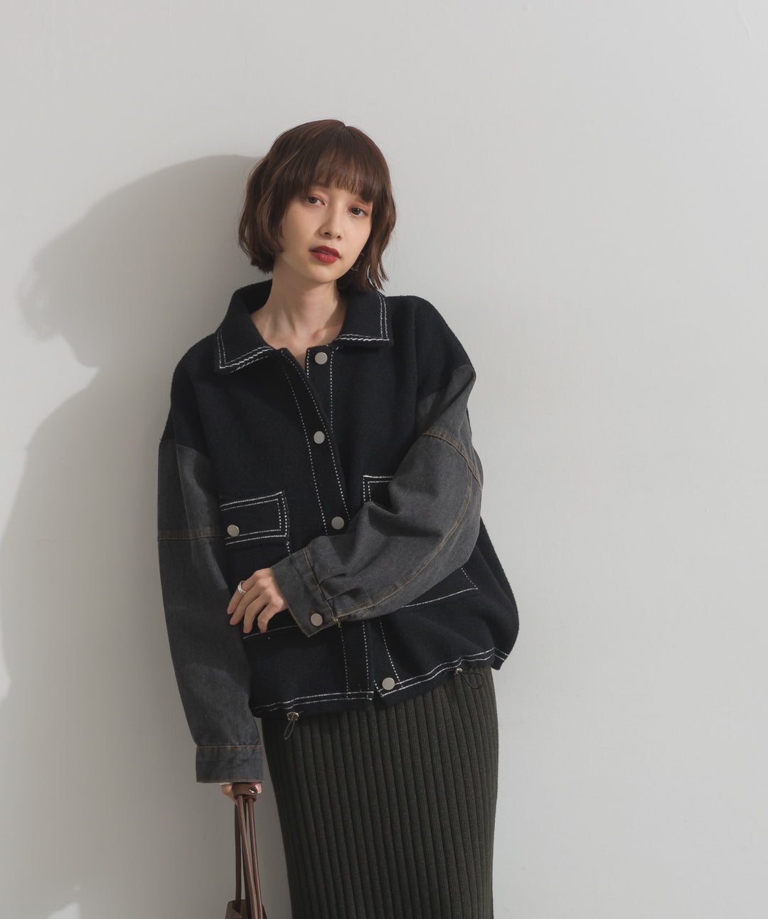 配色ステッチニットジャケットカーディガン