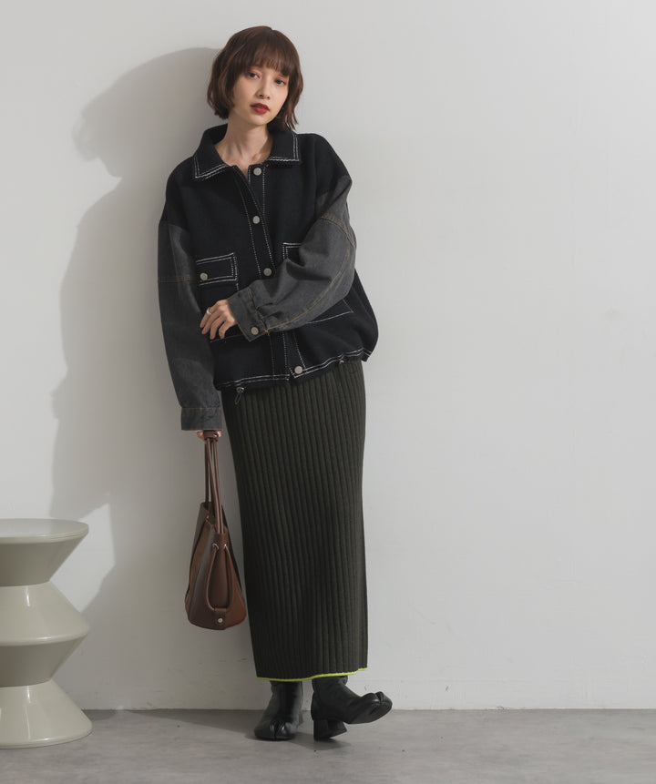 カラーヘムワイドリブニットタイトスカート