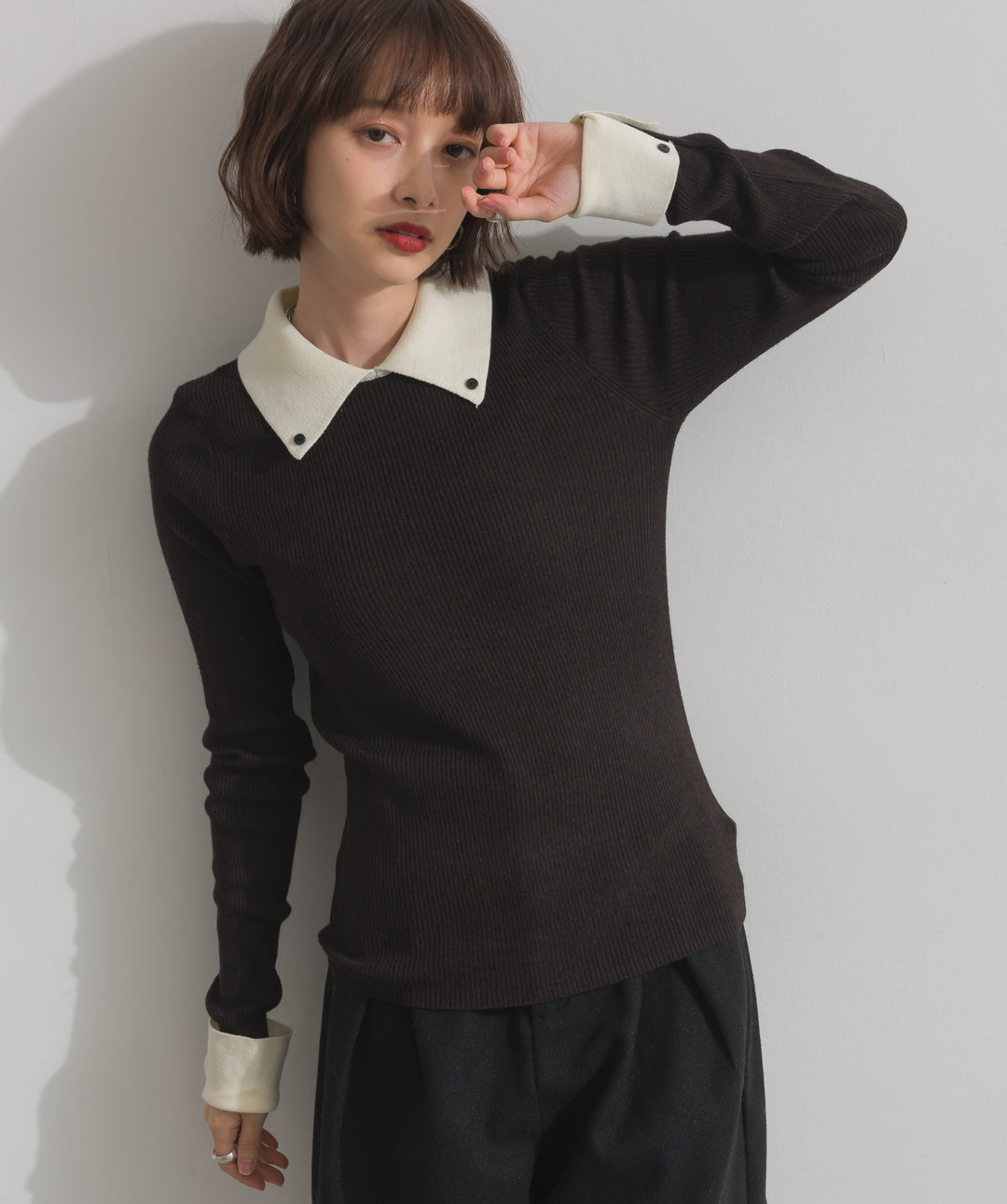 配色襟リブニットプルオーバー