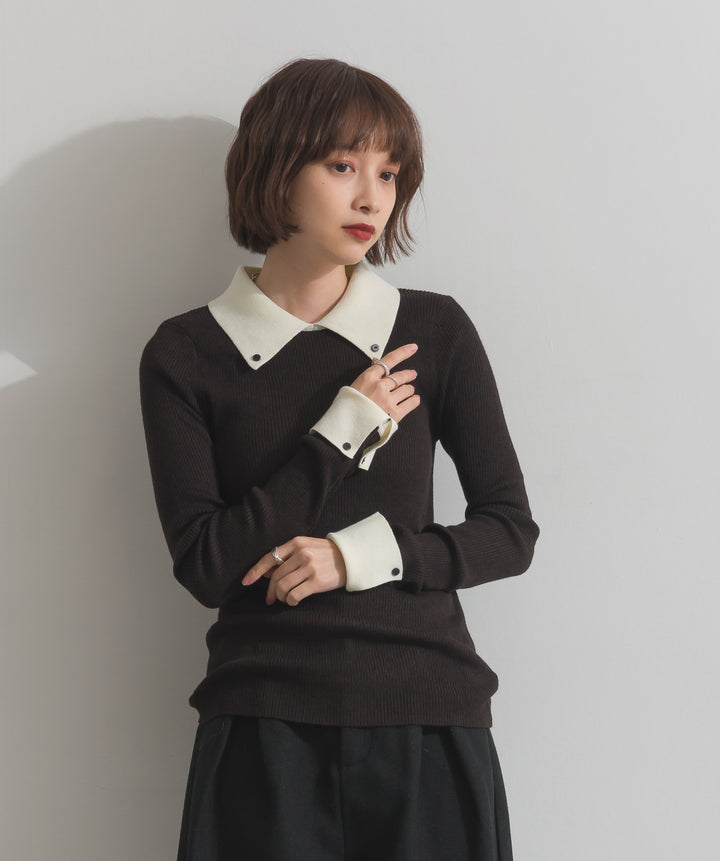 配色襟リブニットプルオーバー