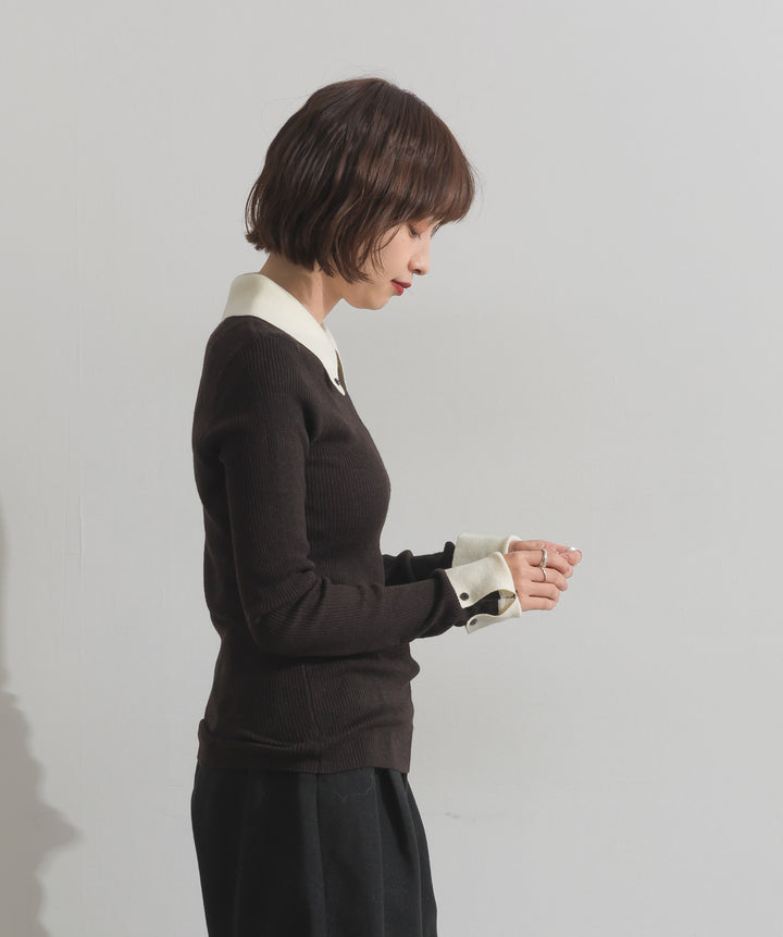 配色襟リブニットプルオーバー