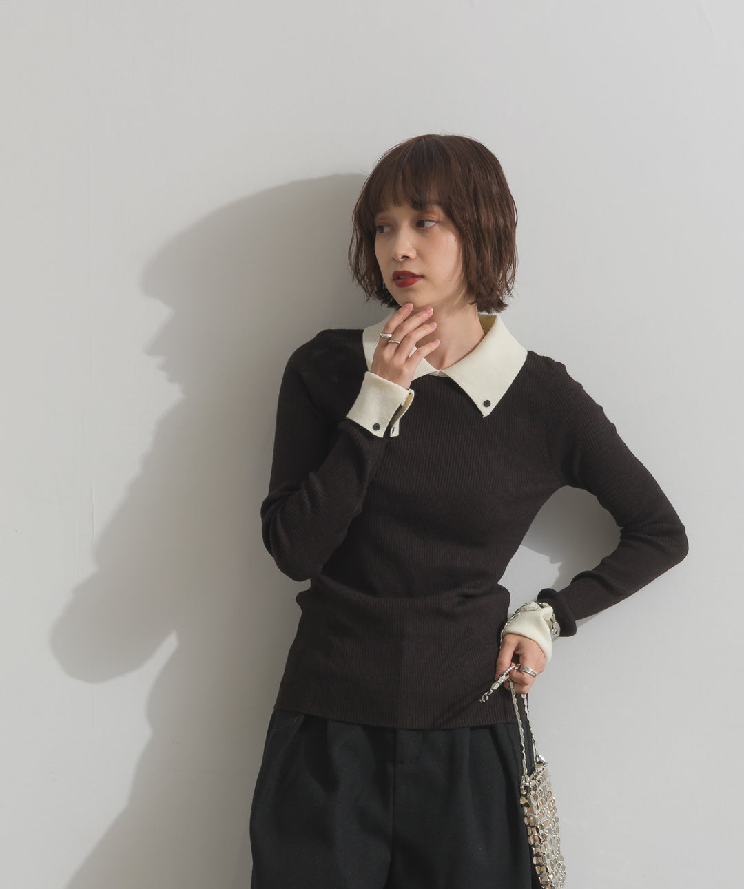 配色襟リブニットプルオーバー