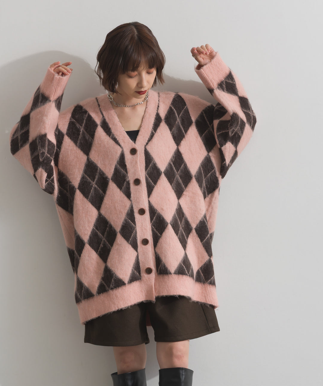 シャギーアーガイルVネックカーディガン