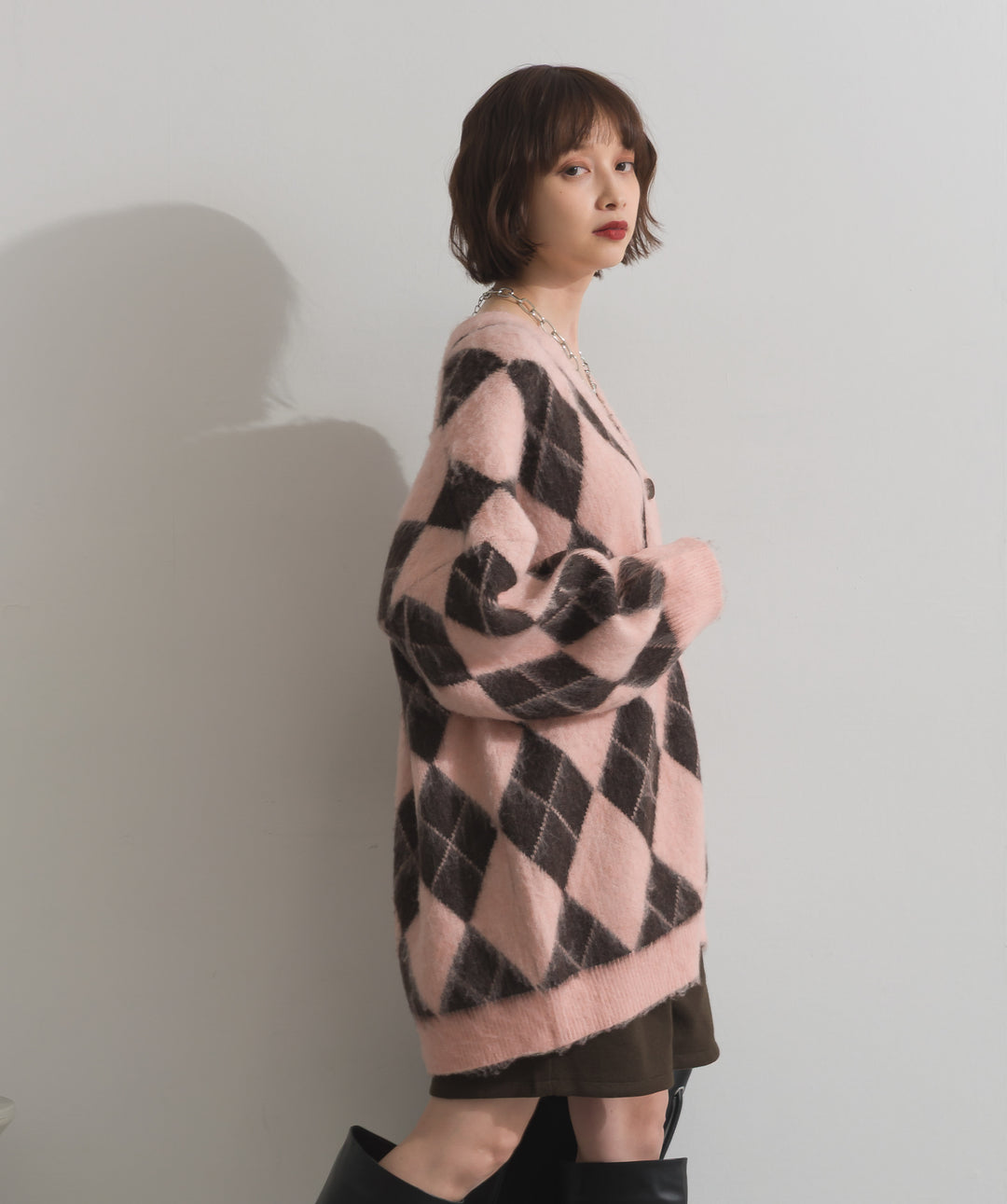 シャギーアーガイルVネックカーディガン