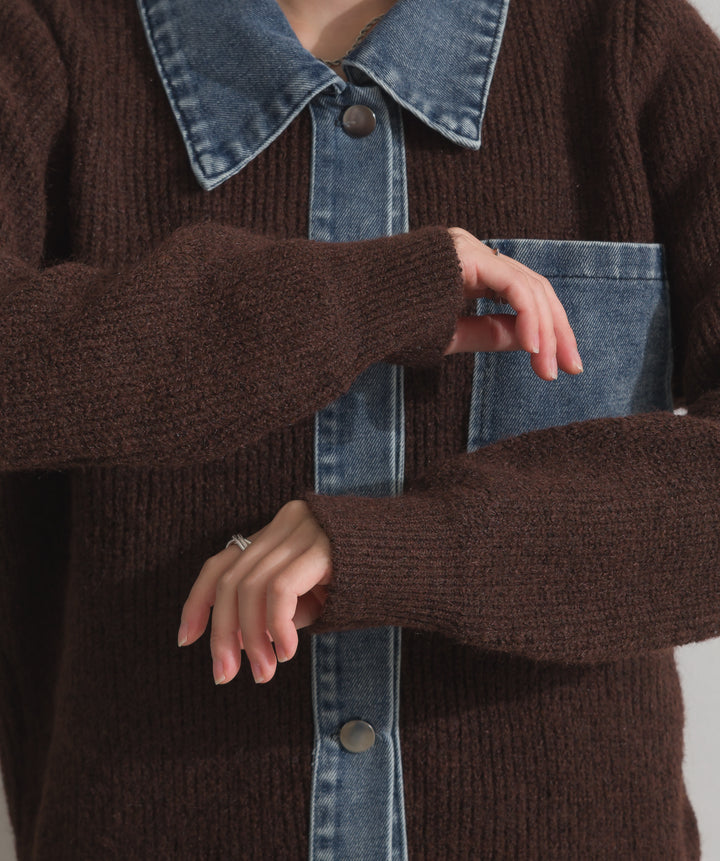 デニム切替ニットカーディガン