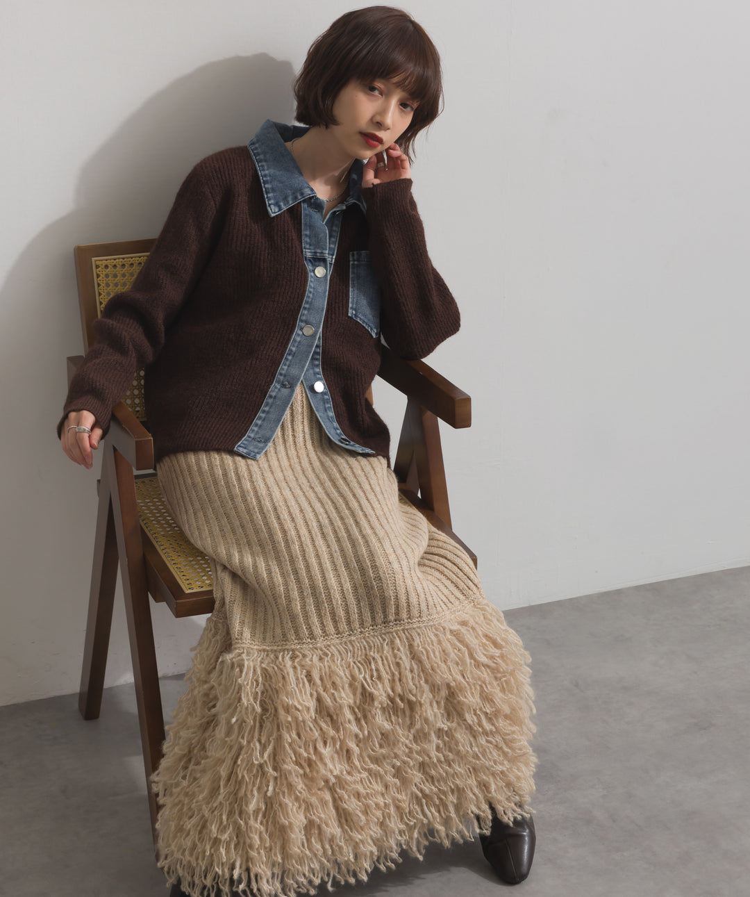 デニム切替ニットカーディガン