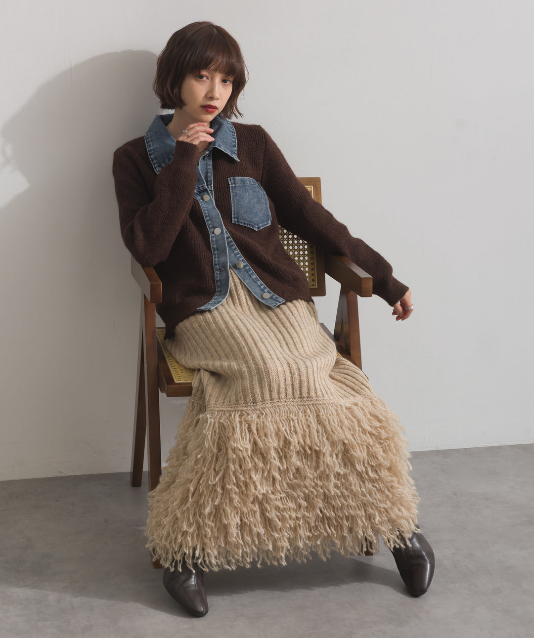 デニム切替ニットカーディガン