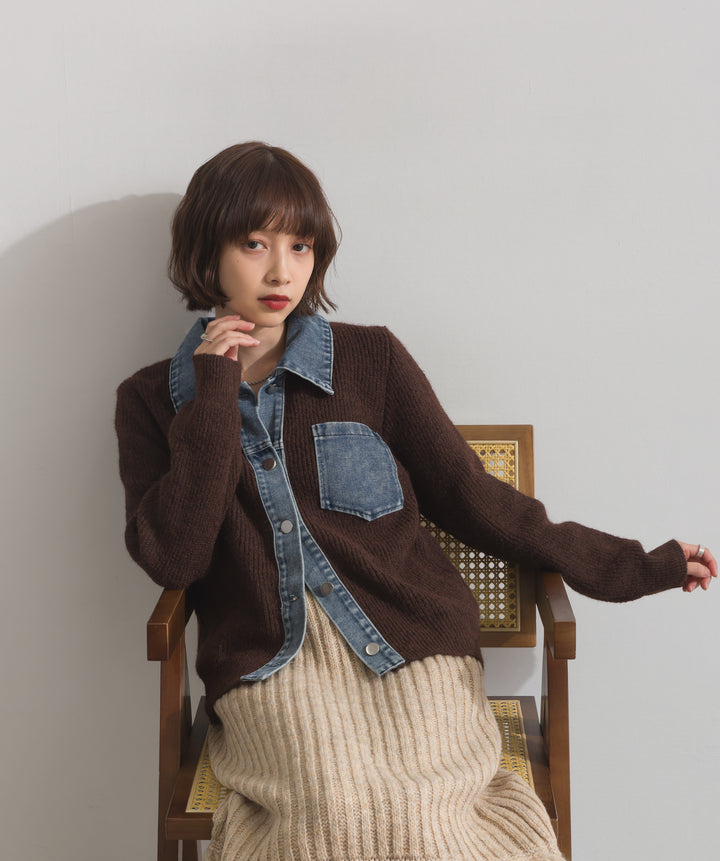 デニム切替ニットカーディガン
