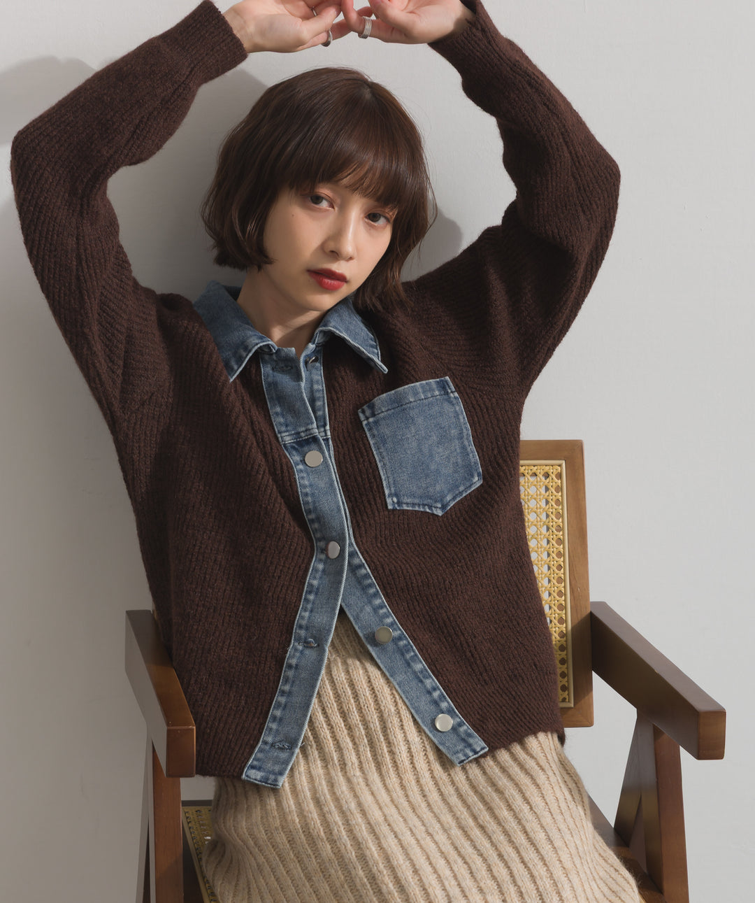 デニム切替ニットカーディガン