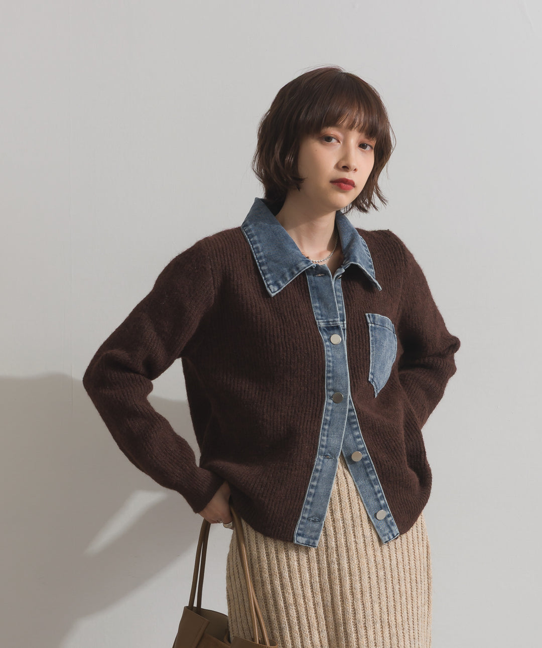 デニム切替ニットカーディガン