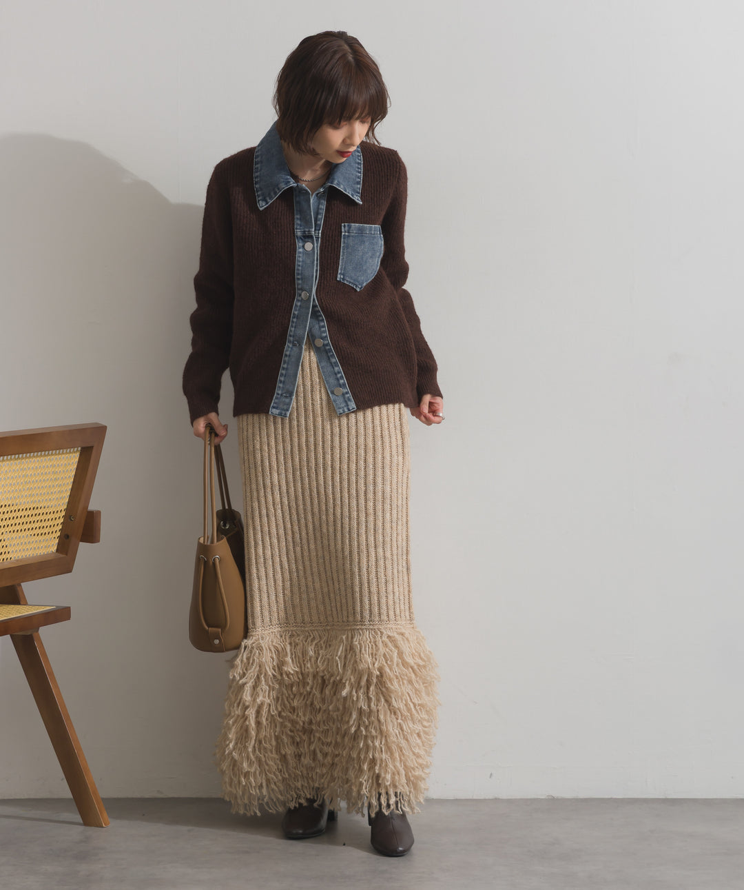 デニム切替ニットカーディガン