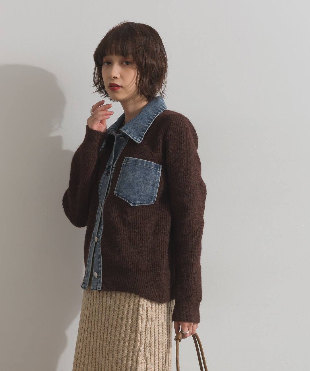 デニム切替ニットカーディガン