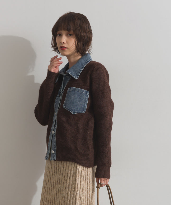 デニム切替ニットカーディガン