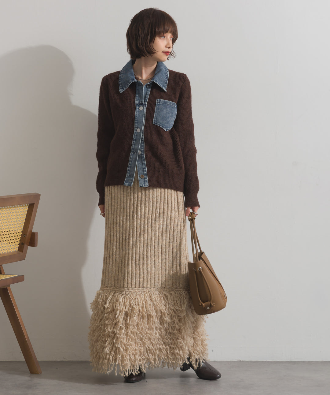 デニム切替ニットカーディガン