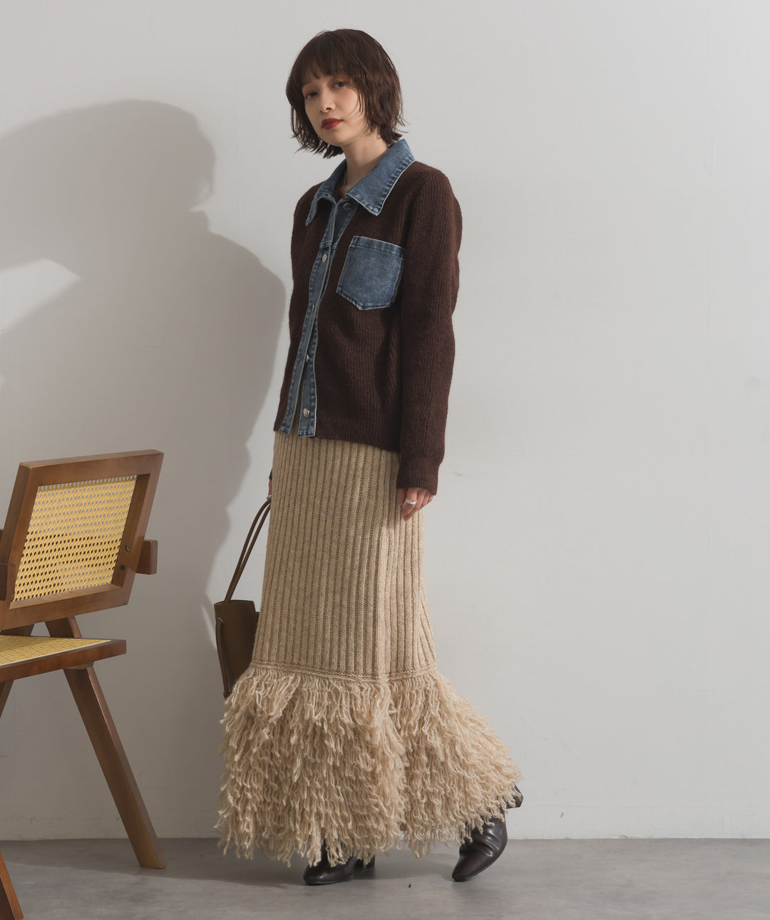 デニム切替ニットカーディガン