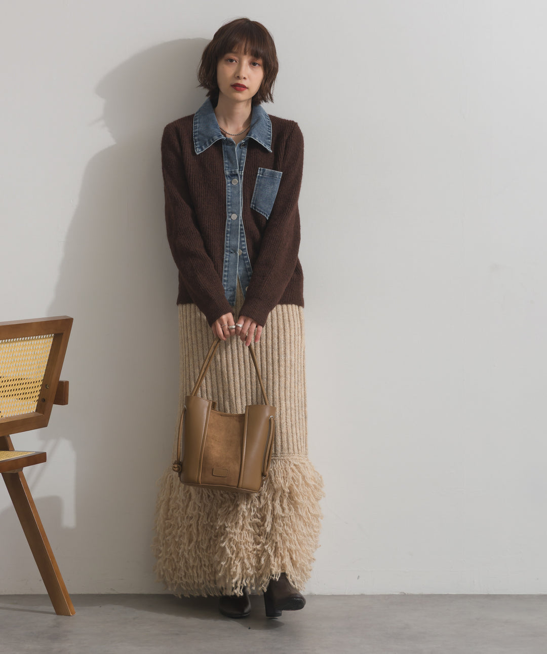 デニム切替ニットカーディガン