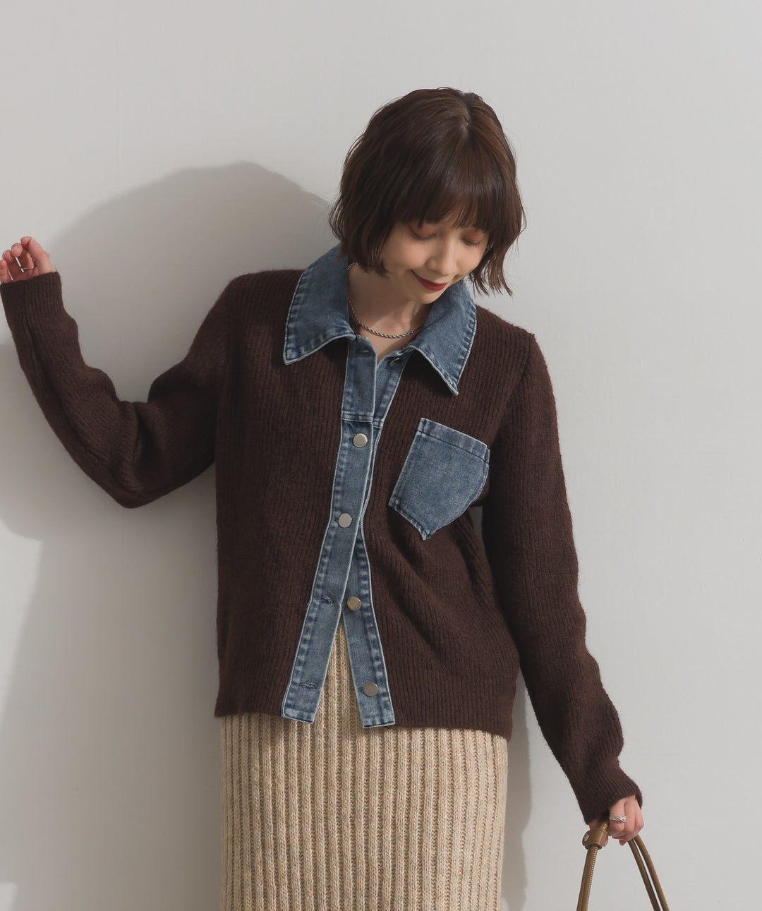 デニム切替ニットカーディガン