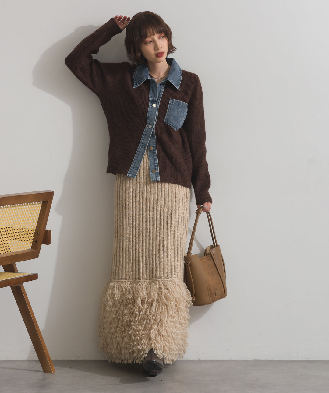 デニム切替ニットカーディガン