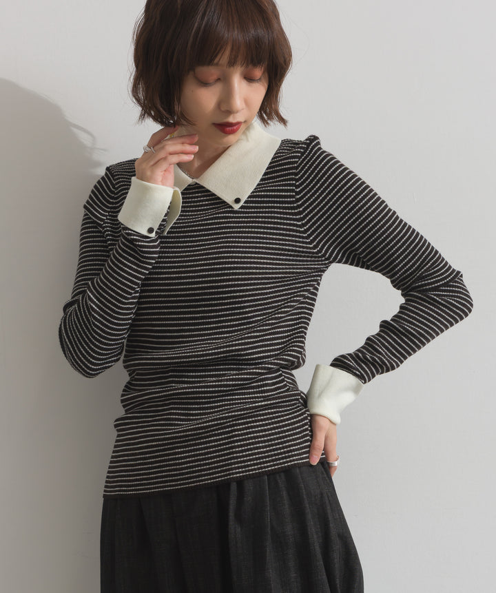 配色襟リブニットプルオーバー