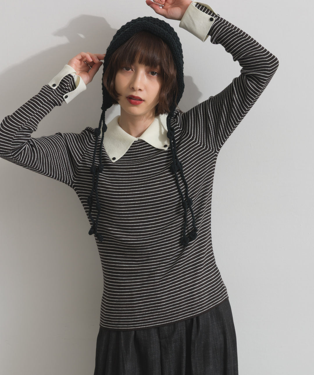 配色襟リブニットプルオーバー