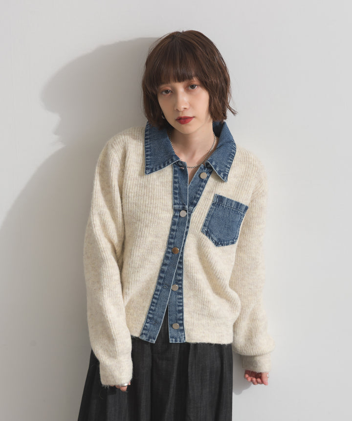 デニム切替ニットカーディガン