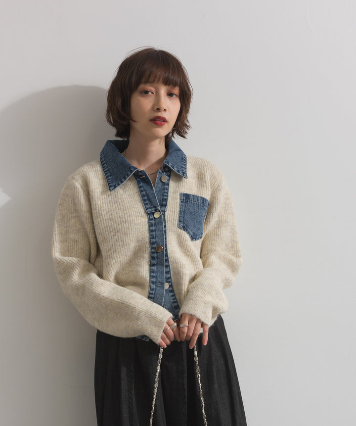 デニム切替ニットカーディガン