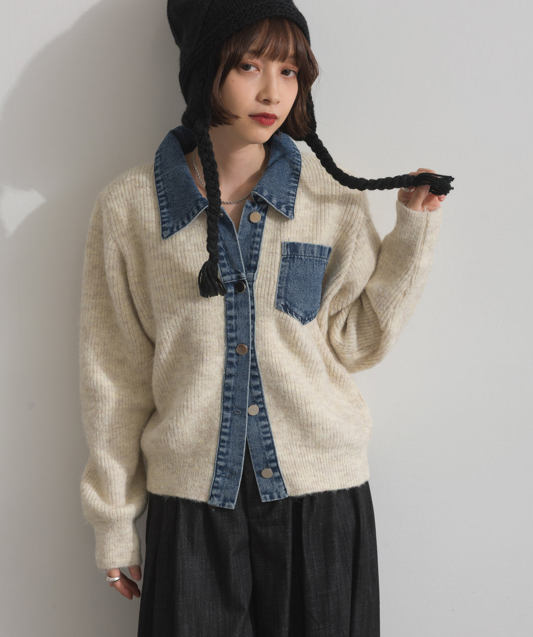 デニム切替ニットカーディガン