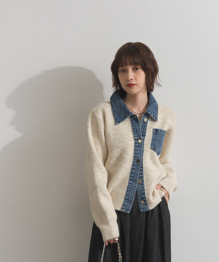 デニム切替ニットカーディガン