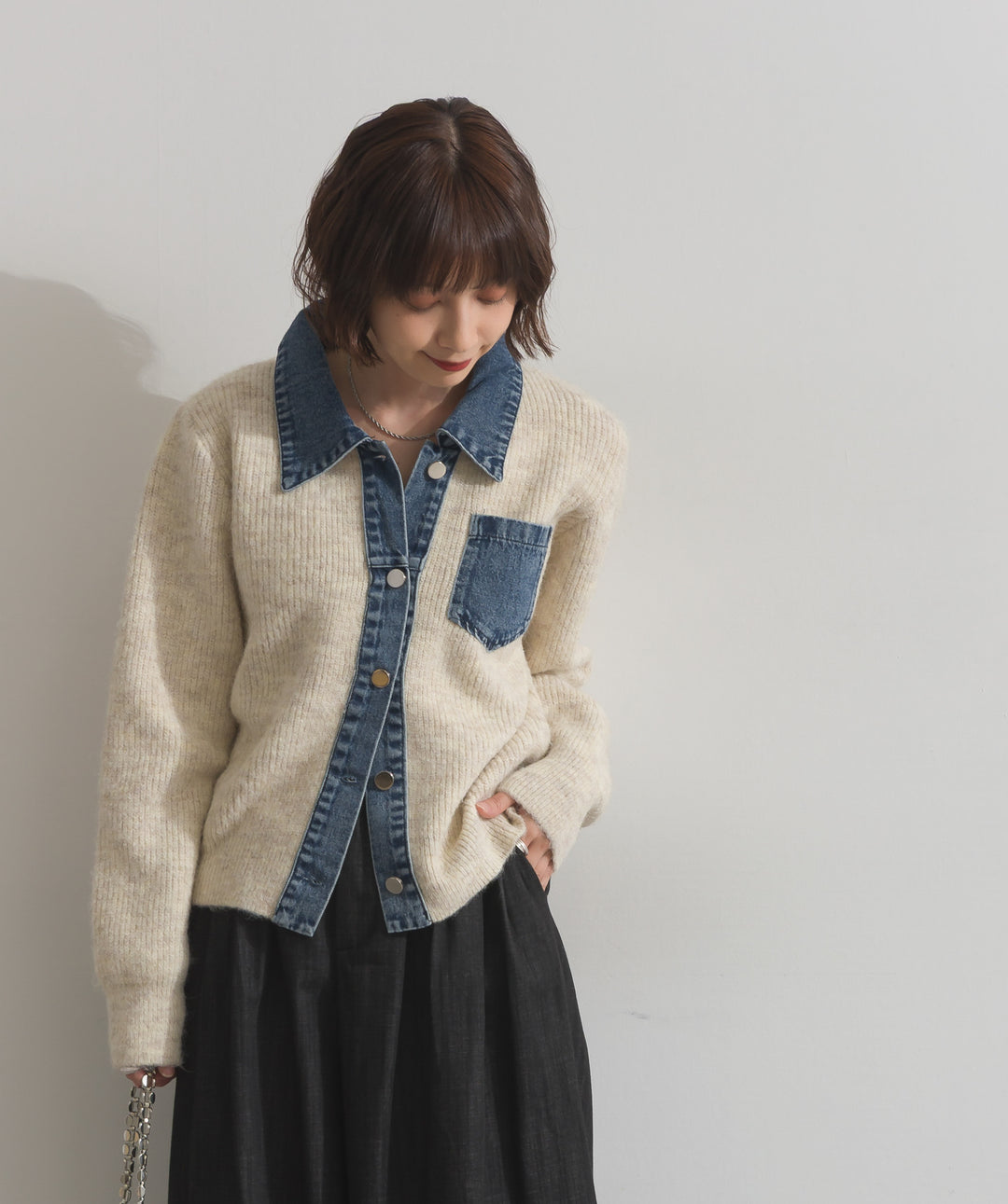 デニム切替ニットカーディガン