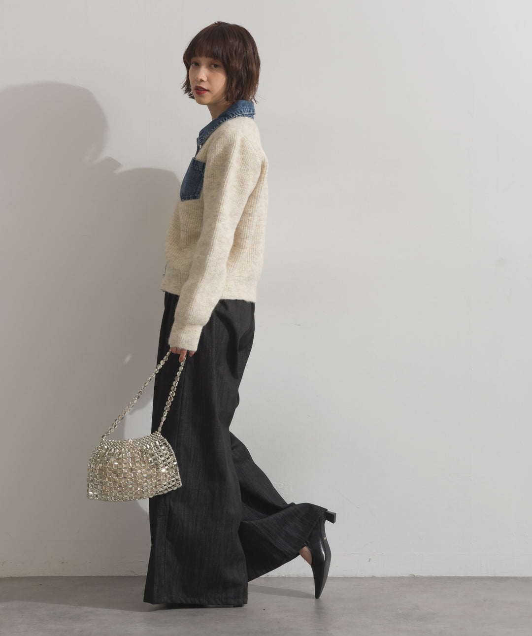 デニム切替ニットカーディガン