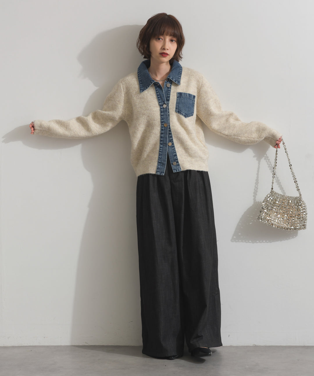 デニム切替ニットカーディガン