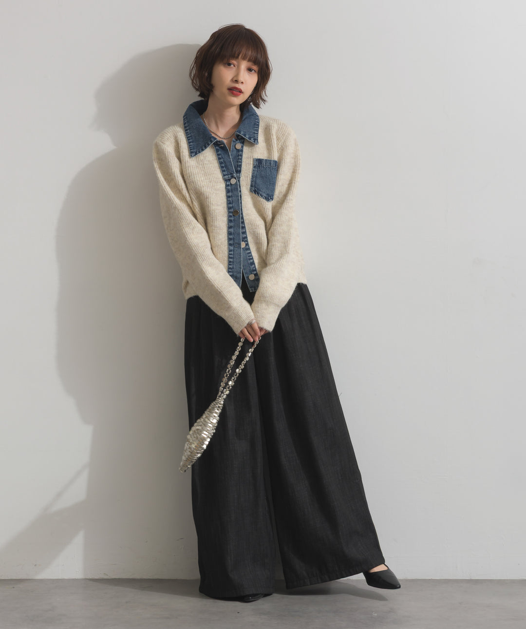 デニム切替ニットカーディガン
