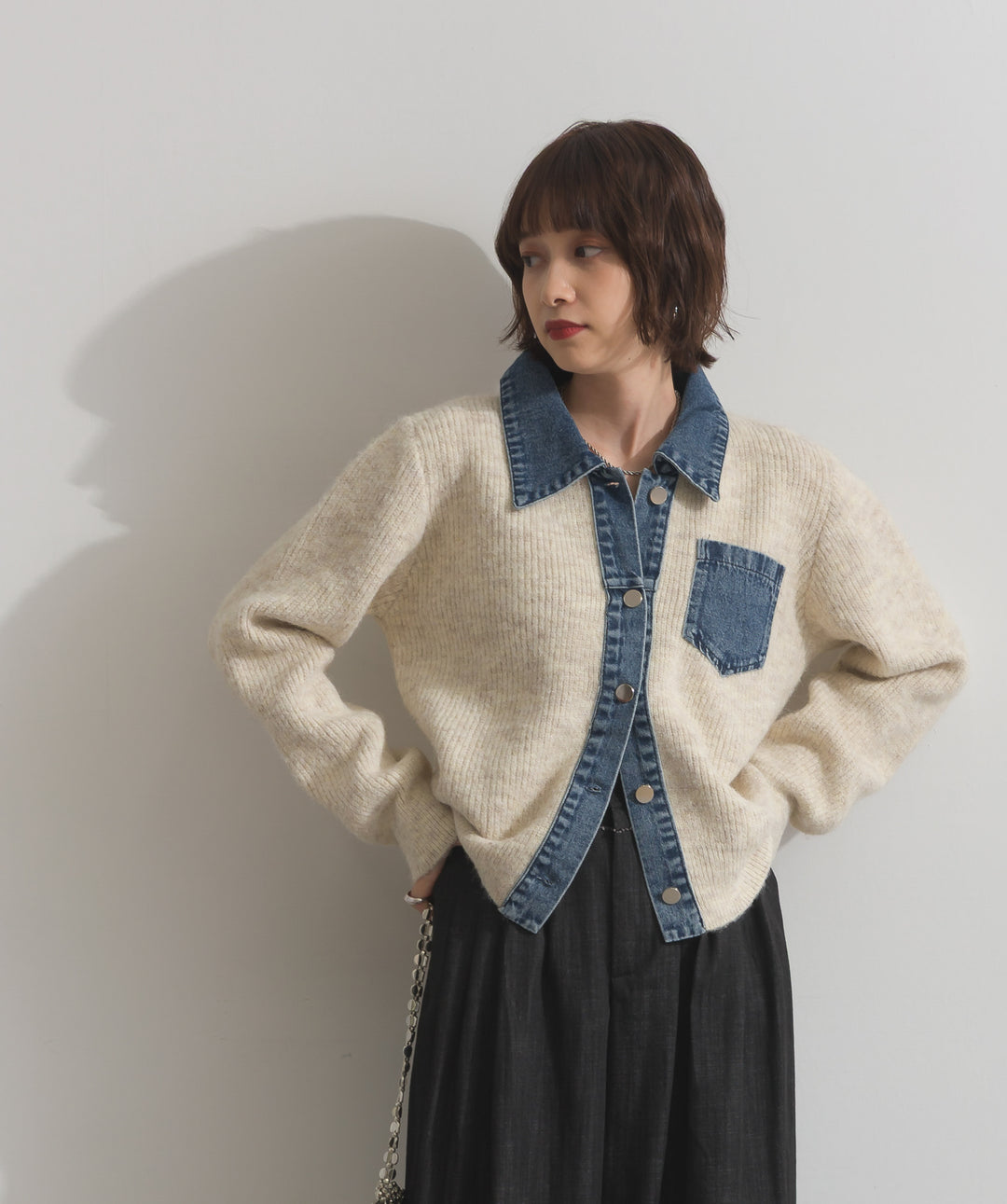 デニム切替ニットカーディガン