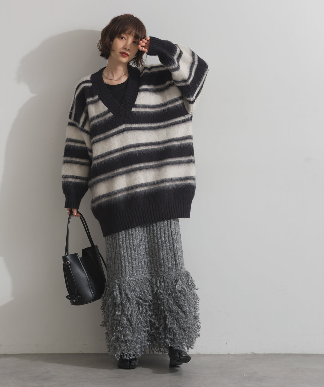 シャギーボーダーVネックニットプルオーバー