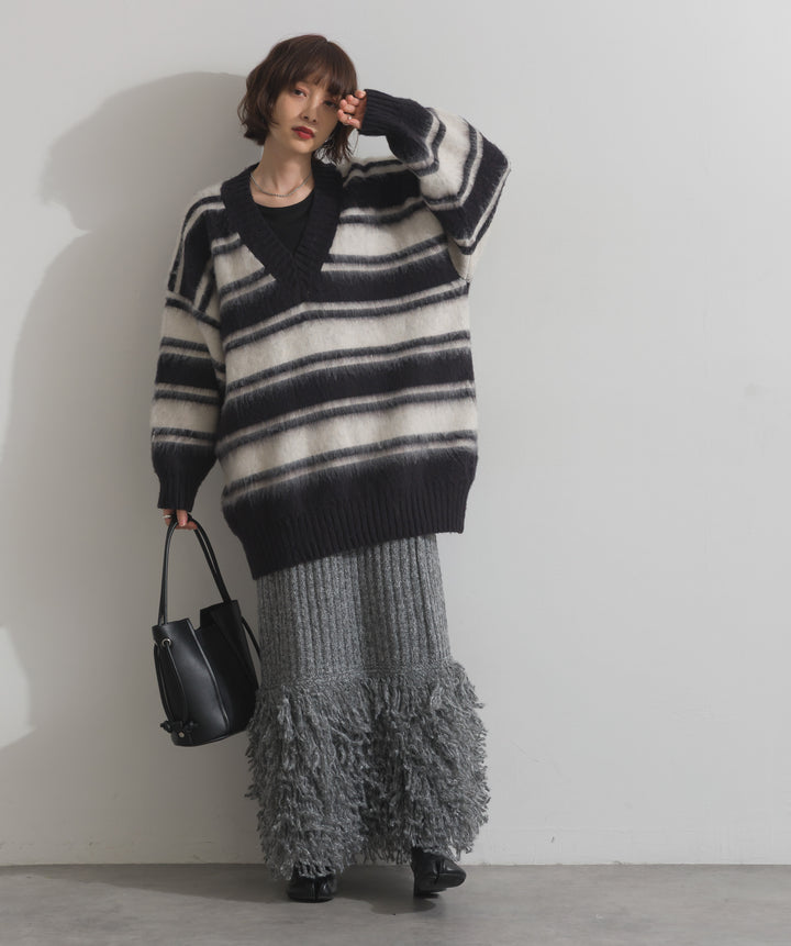 シャギーボーダーVネックニットプルオーバー