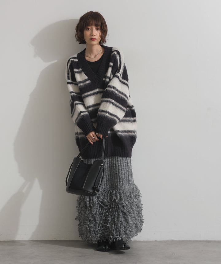 シャギーボーダーVネックニットプルオーバー