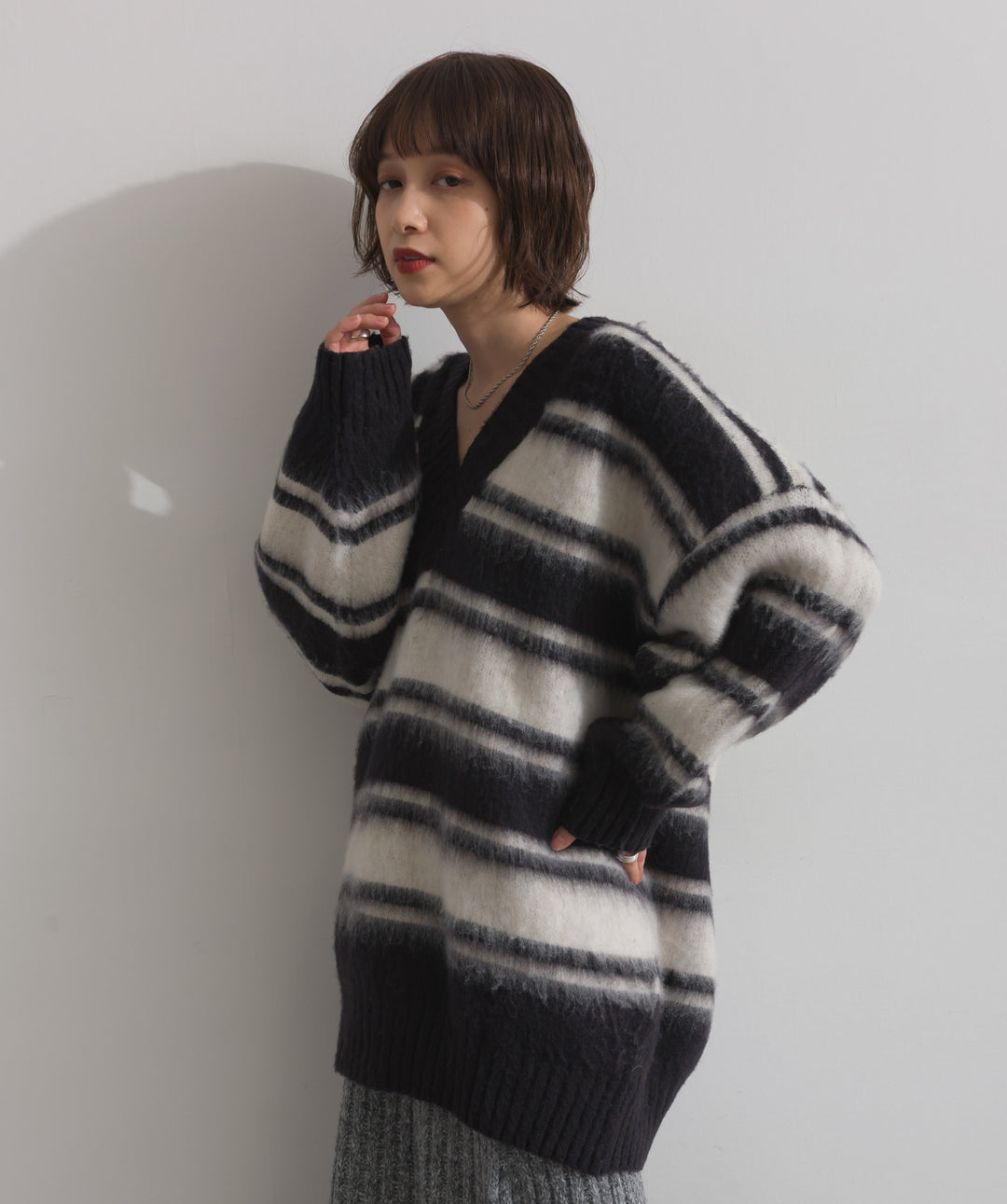 シャギーボーダーVネックニットプルオーバー